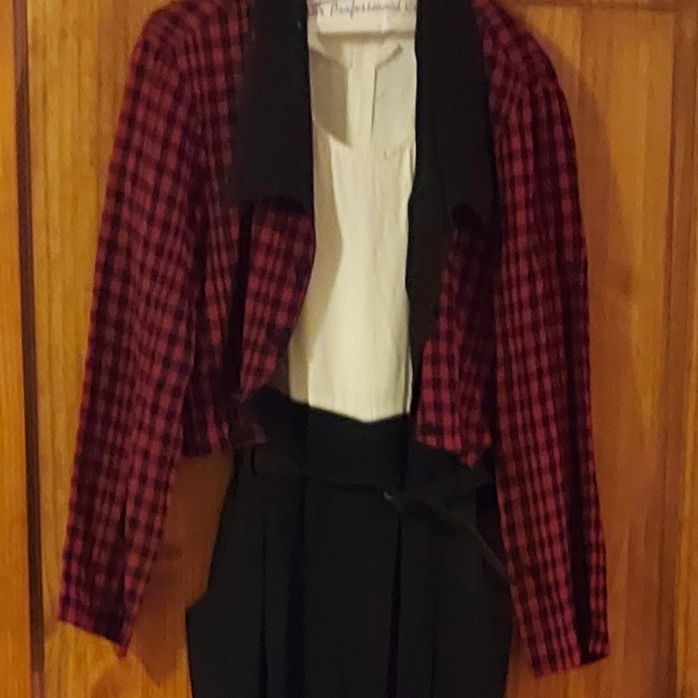 LA Gal White And Black Jumpsuit With Red And Black Checked Bolero Jacket